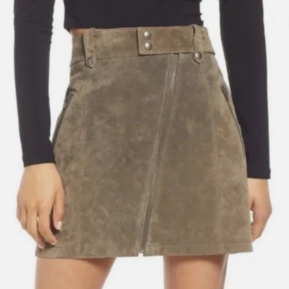 NWT: Blank NYC Run For It Taupe Moto Zip Suede Genuine Leather Mini Size 26